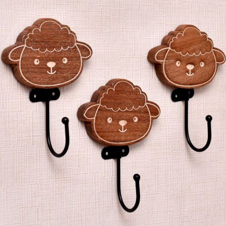Brown Cute Sheep Face Key Hooks For Kids - Pack of 3